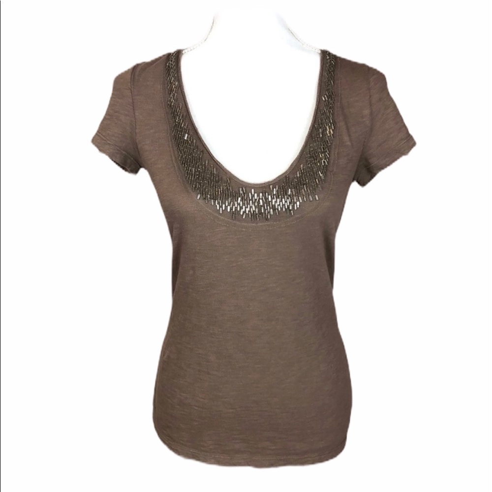 Moda International Brown Top Size Small Lace Beaded Neckline Short Sleeve EUC